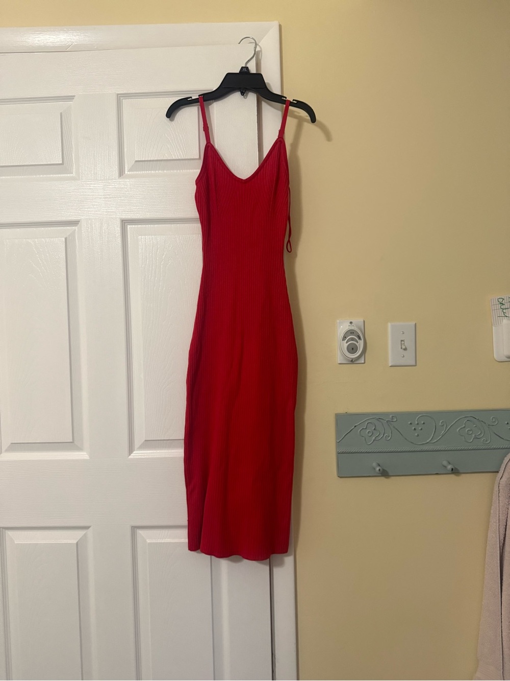 Freshman Red Ribbed Slip Midi Dress with Spaghetti Straps